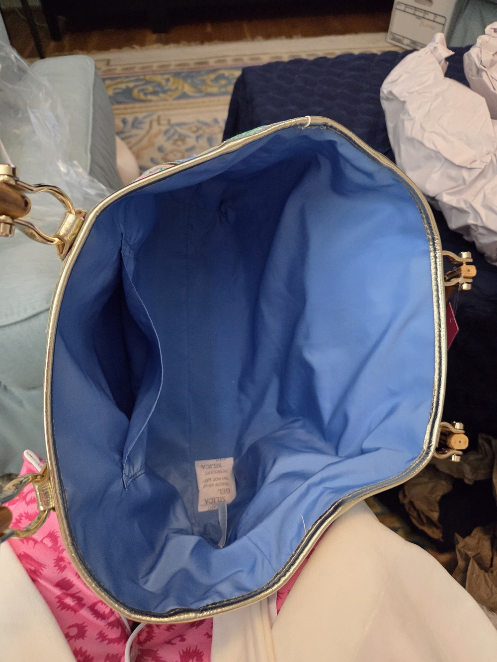 Lilly Pulitzer Blue Tote with Pink and Green Tropical Print - Picture 5 of 7